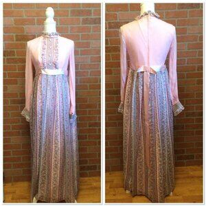 Vintage 60s pink Dress Edwardian frilly high neck maxi prairie Cottage core